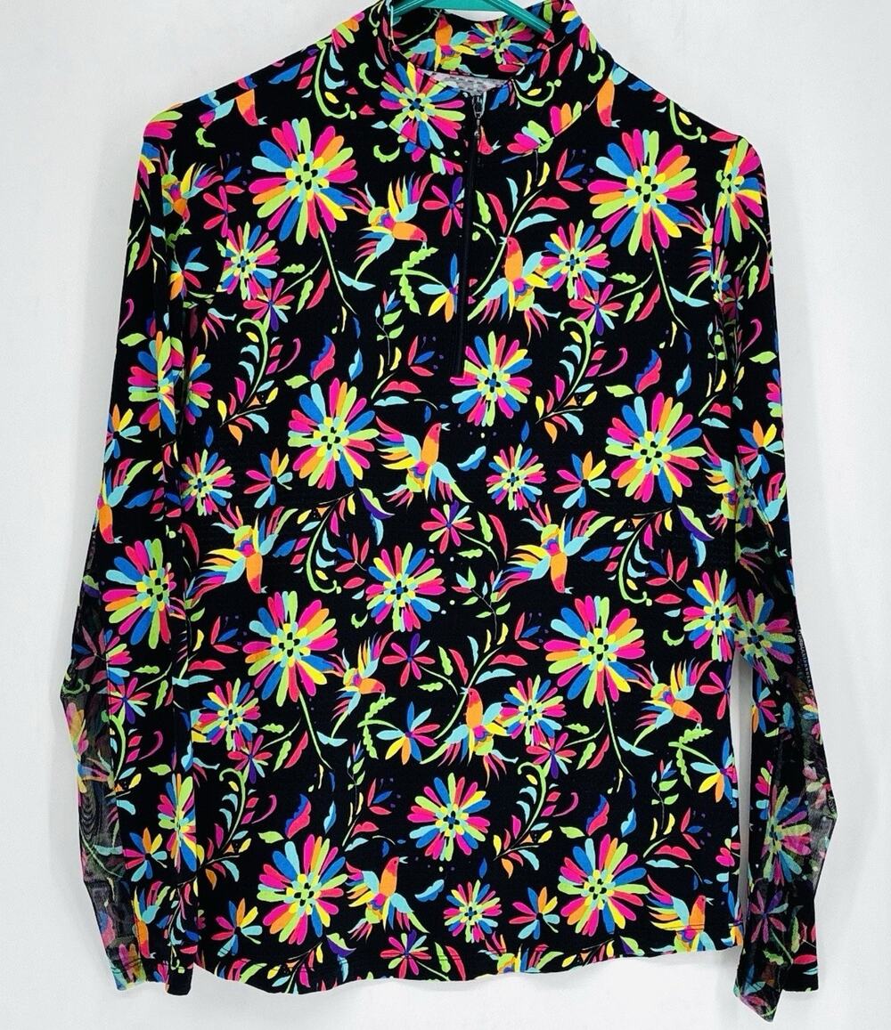 IBKUL Wmn M UPF 50+ Hummingbird Floral 1/4 Zip Golf Tennis Sun Shirt Pickleball